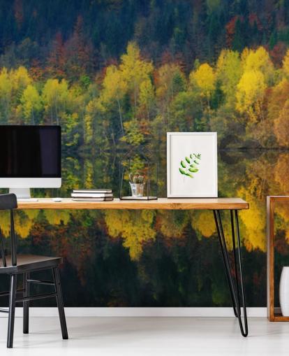 oranje herfstbomen bij een meer die hun beeldbehang weerspiegelen