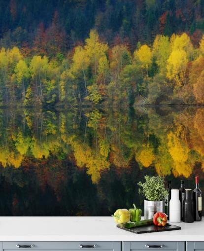 orange autumnal trees by a lake reflecting their image wallpaper orange autumnal trees by a lake reflecting their image wallpaper
