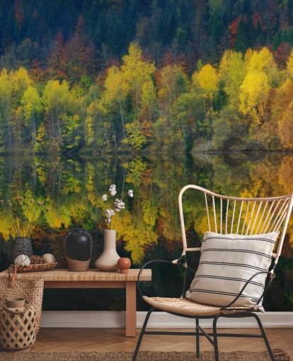 orange autumnal trees by a lake reflecting their image wallpaper