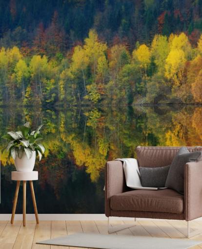 orange herbstliche Bäume an einem See spiegeln ihre Bildtapete