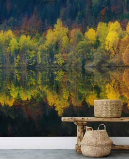 orange autumnal trees by a lake reflecting their image wallpaper
