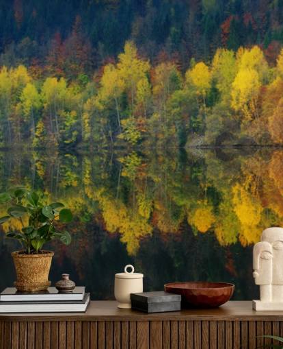 oranje herfstbomen bij een meer die hun beeldbehang weerspiegelen