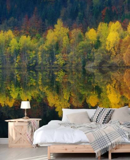 alberi autunnali arancioni da un lago che riflette la loro carta da parati immagine