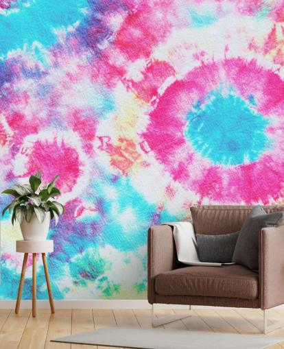 papel pintado círculo tie dye azul aguamarina y rosa