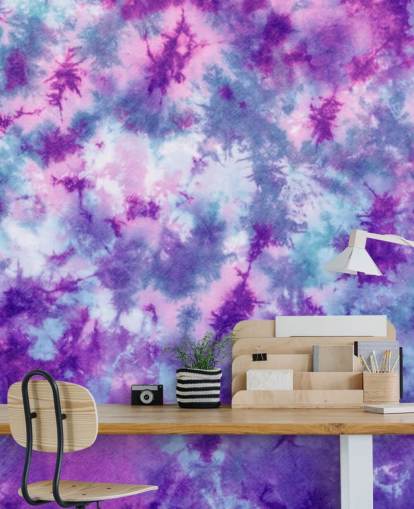 papel pintado tie dye morado, rosa y azul