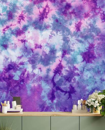 papel pintado tie dye morado, rosa y azul