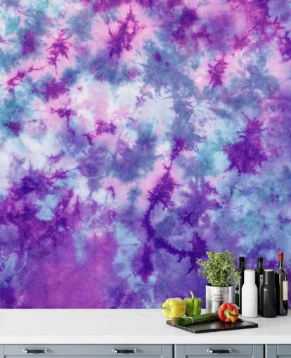papier peint tie dye violet, rose et bleu