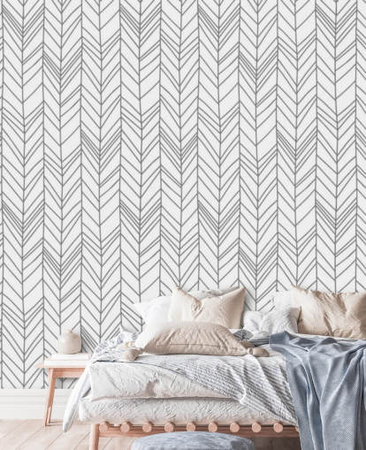 papel de parede padrão personalizável cinza e branco chamado Herringbone Doodle para escritórios domésticos e quartos