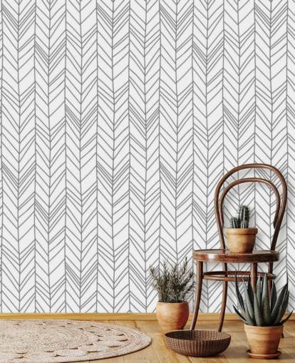 papel pintado personalizable gris y blanco llamado Herringbone Doodle para el hogar, oficinas y dormitorios