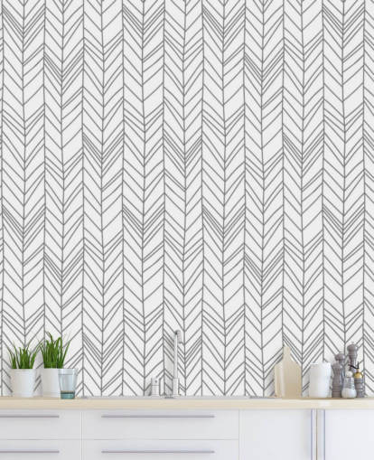 Grau-weiße, anpassbare Mustertapete namens Herringbone Doodle für Heimbüros und Schlafzimmer Grau-weiße, anpassbare Mustertapete namens Herringbone Doodle für Heimbüros und Schlafzimmer