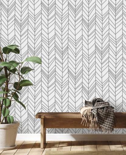 grey and white customisable pattern wallpaper called Herringbone Doodle for home offices and bedrooms