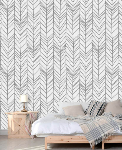 grått og hvitt tilpassbart mønster tapet kalt Herringbone Doodle for hjemmekontorer og soverom