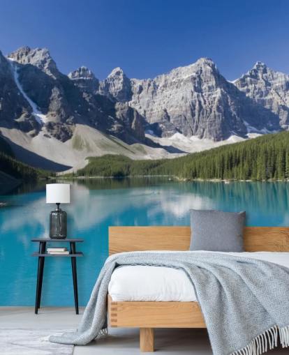 blå tilpasset innsjø- og fjelltapet veggmaleri kalt Lake Moraine i Banff nasjonalpark for kontorer