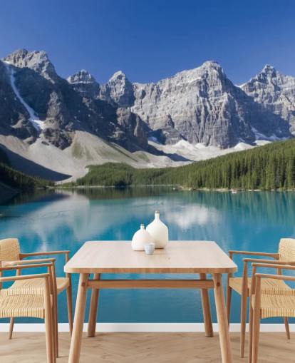 blue custom lake and mountain wallpaper mural called Lake Moraine in Banff National Park for offices blue custom lake and mountain wallpaper mural called Lake Moraine in Banff National Park for offices