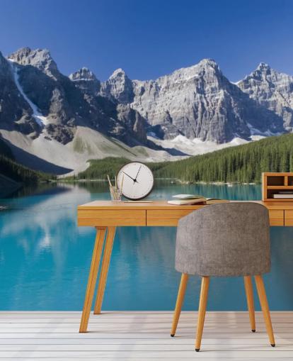 papier peint mural bleu personnalisé sur le lac et la montagne appelé Lake Moraine dans le parc national de Banff pour les bureaux