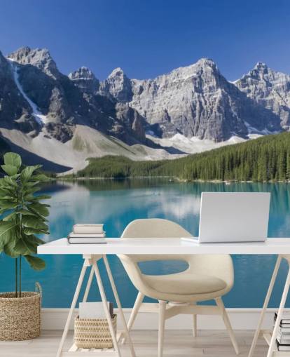 mural de papel de parede azul personalizado de lago e montanha chamado Lago Moraine no Parque Nacional de Banff para escritórios mural de papel de parede azul personalizado de lago e montanha chamado Lago Moraine no Parque Nacional de Banff para escritórios