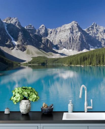 blå tilpasset innsjø- og fjelltapet veggmaleri kalt Lake Moraine i Banff nasjonalpark for kontorer blå tilpasset innsjø- og fjelltapet veggmaleri kalt Lake Moraine i Banff nasjonalpark for kontorer