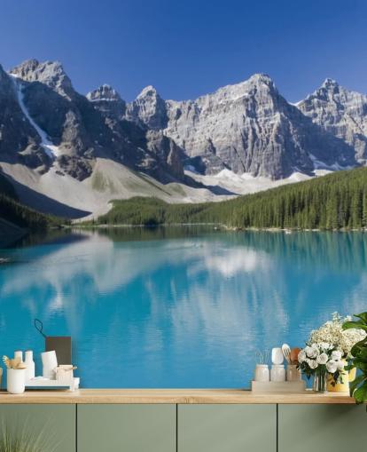 carta da parati murale blu personalizzata con lago e montagna chiamato Lake Moraine nel Parco Nazionale di Banff per uffici carta da parati murale blu personalizzata con lago e montagna chiamato Lake Moraine nel Parco Nazionale di Banff per uffici