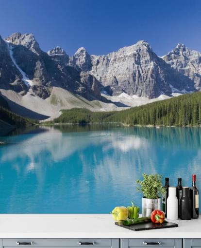 mural de papel de parede azul personalizado de lago e montanha chamado Lago Moraine no Parque Nacional de Banff para escritórios mural de papel de parede azul personalizado de lago e montanha chamado Lago Moraine no Parque Nacional de Banff para escritórios