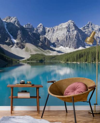 sininen mukautettu järvi- ja vuoren taustakuvamaalaus nimeltä Lake Moraine Banffin kansallispuistossa toimistoihin