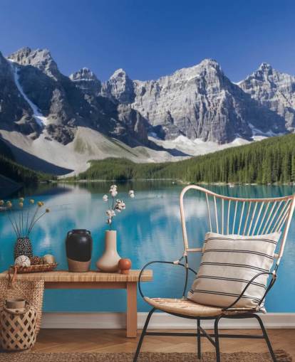 mural de papel de parede azul personalizado de lago e montanha chamado Lago Moraine no Parque Nacional de Banff para escritórios
