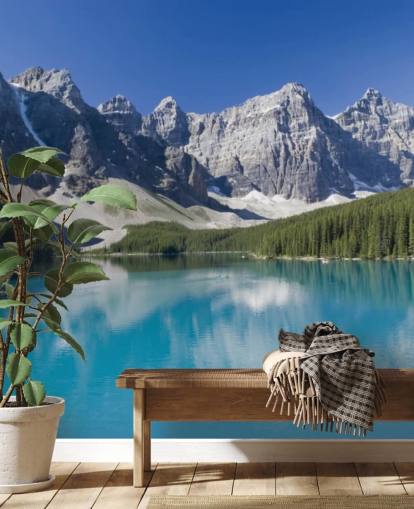 blå tilpasset innsjø- og fjelltapet veggmaleri kalt Lake Moraine i Banff nasjonalpark for kontorer