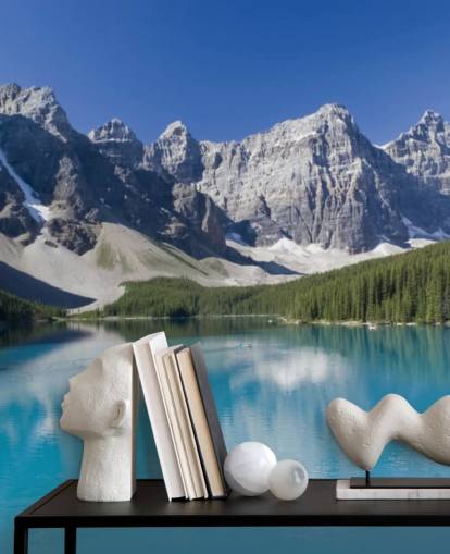 carta da parati murale blu personalizzata con lago e montagna chiamato Lake Moraine nel Parco Nazionale di Banff per uffici
