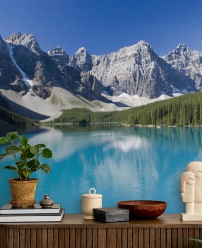 papier peint mural bleu personnalisé sur le lac et la montagne appelé Lake Moraine dans le parc national de Banff pour les bureaux papier peint mural bleu personnalisé sur le lac et la montagne appelé Lake Moraine dans le parc national de Banff pour les bureaux