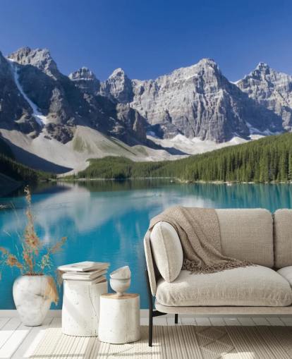 blå anpassad sjö- och bergstapetväggmålning som heter Lake Moraine i Banff National Park för kontor