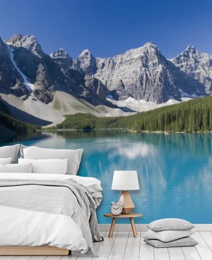 sininen mukautettu järvi- ja vuoren taustakuvamaalaus nimeltä Lake Moraine Banffin kansallispuistossa toimistoihin