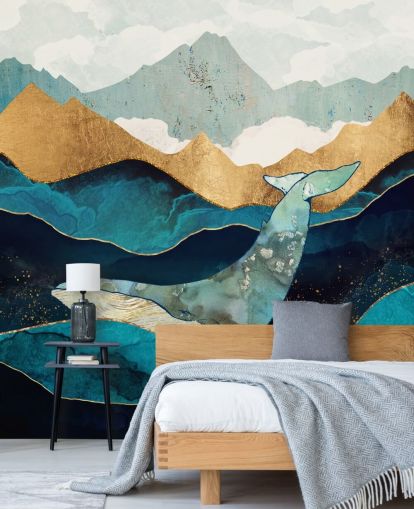 azul marino y dorado océano y montañas con fondo de pantalla de ballenas