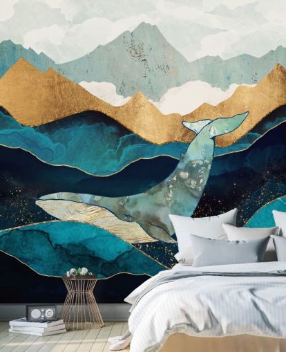 marinha e ouro oceano e montanhas com papel de parede de baleia