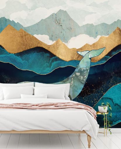 azul marino y dorado océano y montañas con fondo de pantalla de ballenas