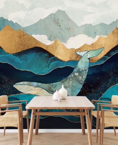 marinha e ouro oceano e montanhas com papel de parede de baleia