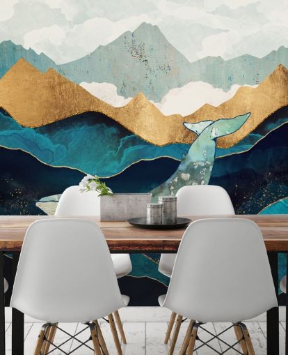 oceano e montagne blu e oro con carta da parati balena