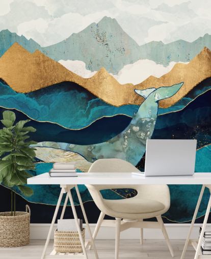 navy and gold ocean and mountains with whale wallpaper