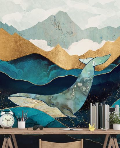 oceano e montagne blu e oro con carta da parati balena