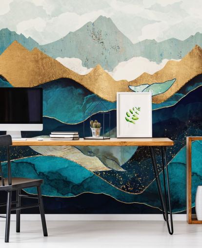navy and gold ocean and mountains with whale wallpaper