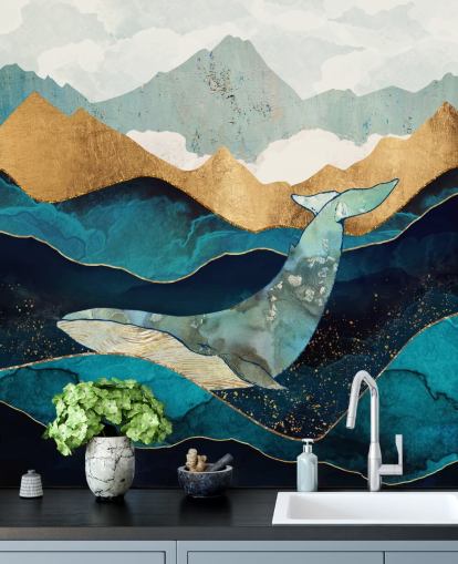 azul marino y dorado océano y montañas con fondo de pantalla de ballenas