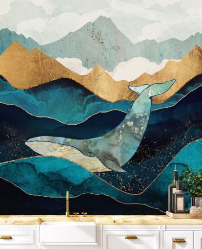 fond d'écran marine et or océan et montagnes avec baleine
