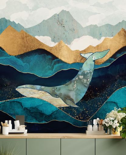 navy and gold ocean and mountains with whale wallpaper