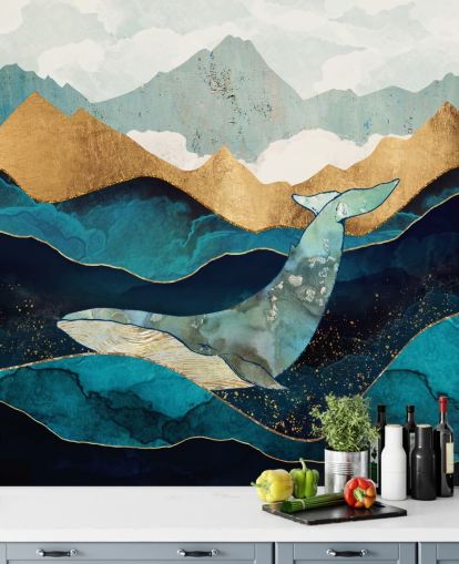 oceano e montagne blu e oro con carta da parati balena oceano e montagne blu e oro con carta da parati balena