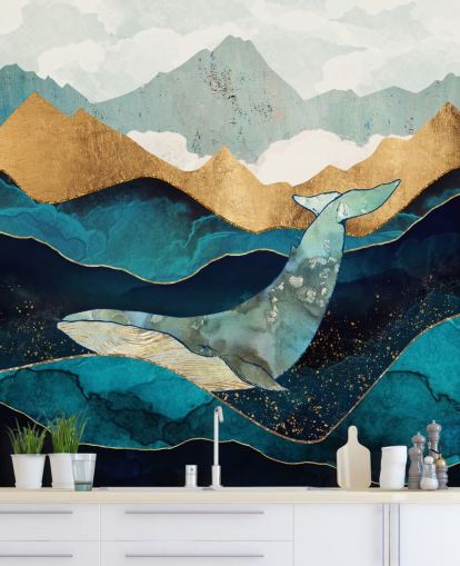 marinha e ouro oceano e montanhas com papel de parede de baleia