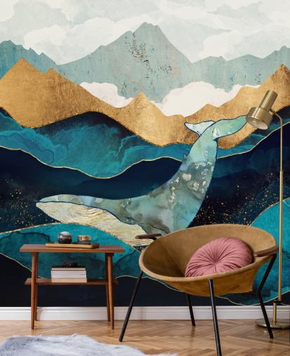 oceano e montagne blu e oro con carta da parati balena