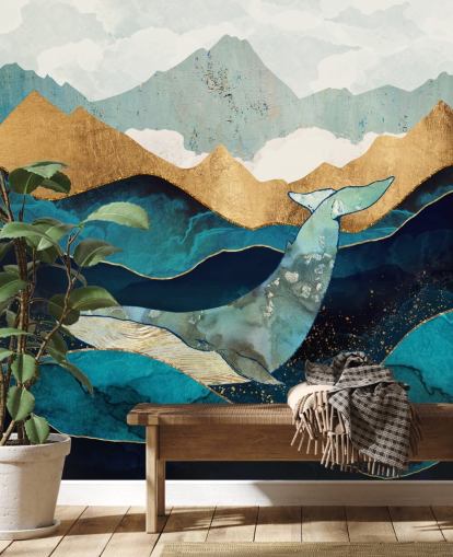 navy og guld ocean og bjerge med hval tapet
