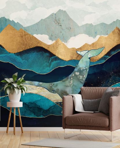 Marine und Gold Meer und Berge mit Wal-Tapete