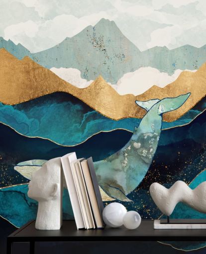 navy and gold ocean and mountains with whale wallpaper
