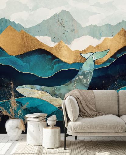 marinha e ouro oceano e montanhas com papel de parede de baleia