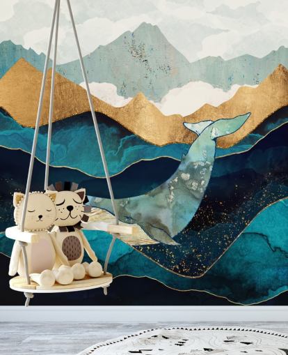 navy and gold ocean and mountains with whale wallpaper