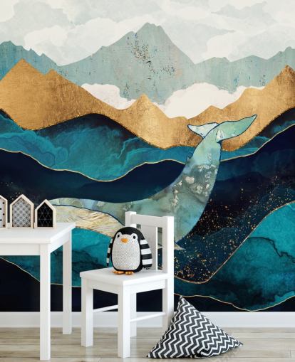 marinha e ouro oceano e montanhas com papel de parede de baleia
